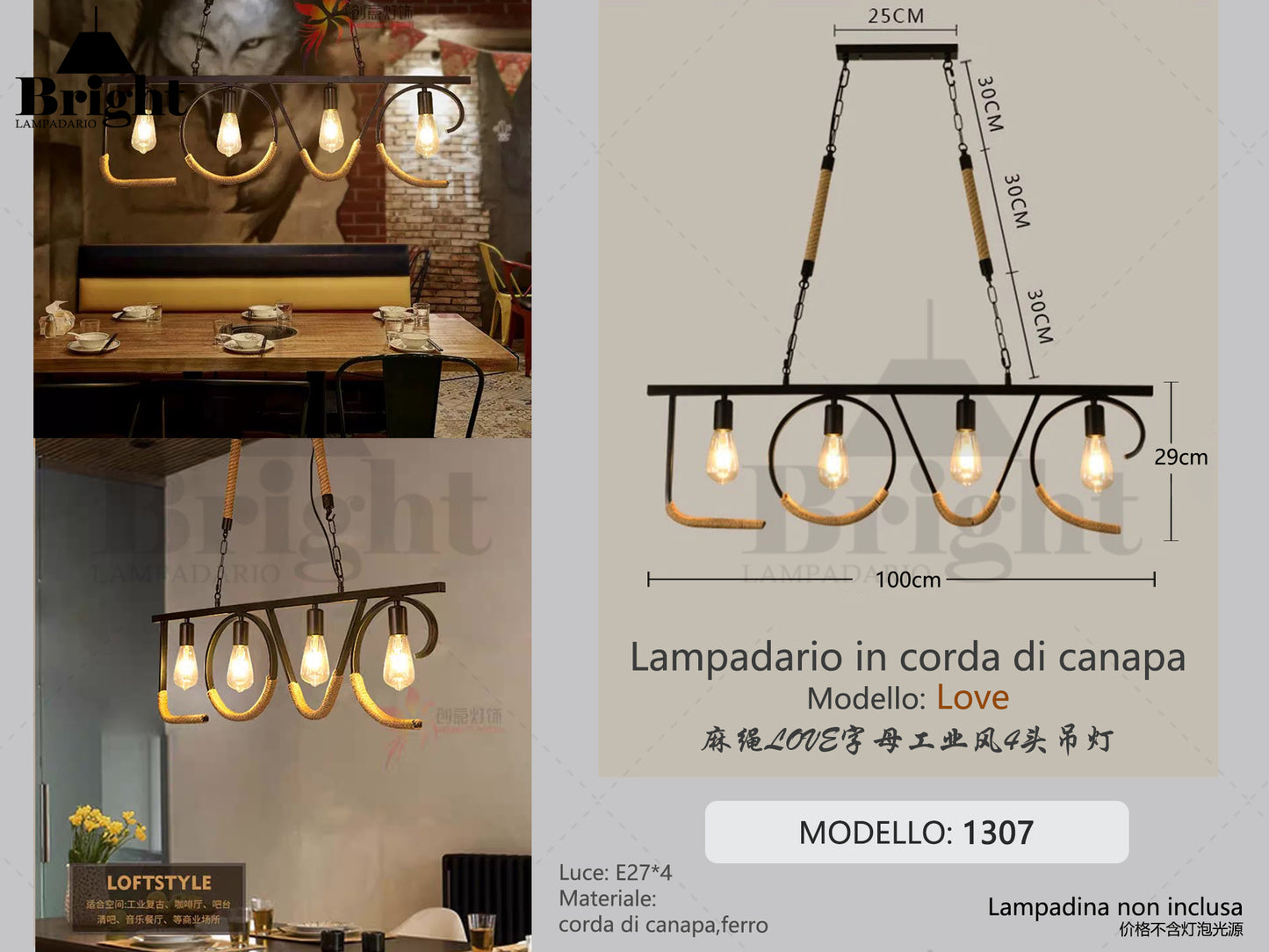 Lampadario Industriale Vintage a Sospensione "Lettura LOVE modello1307" Corda di Canapa e Metallo Nero, 4 Luci E27 per Soggiorno/Cucina/Bar