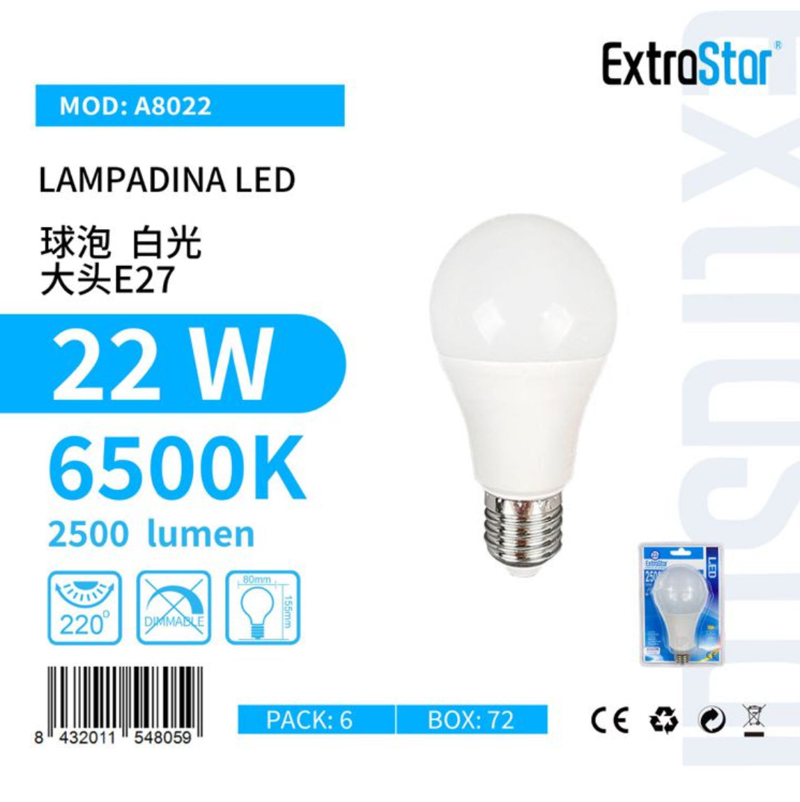 LAMPADINA LED E27 22W A80