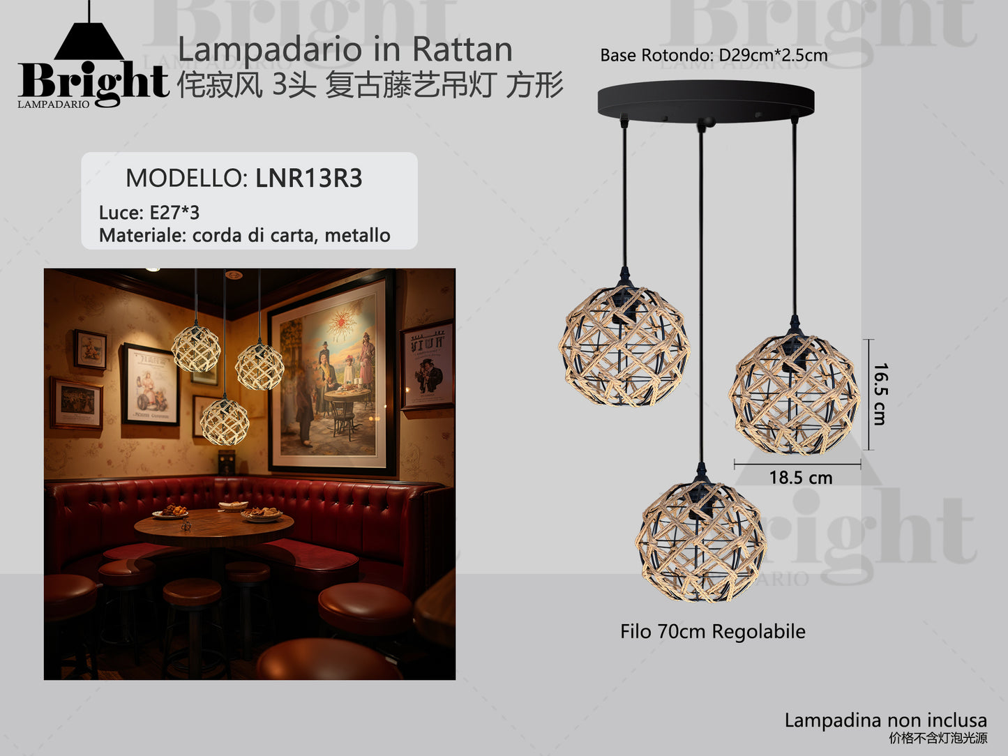 Lampadario a Sospensione in Corda di paglia 1luce/3luci E27 LNR13, Paralume Intrecciato Fatto a Mano, Altezza Regolabile per Cucina/Soggiorno