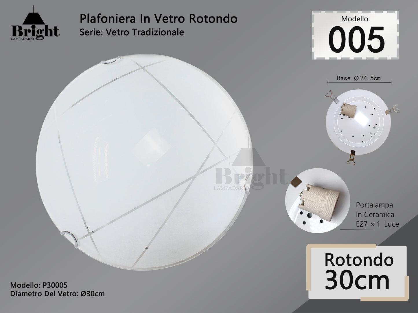 Runde Deckenlampe aus Glas mit einfacher moderner Lampenfassung von 30 cm