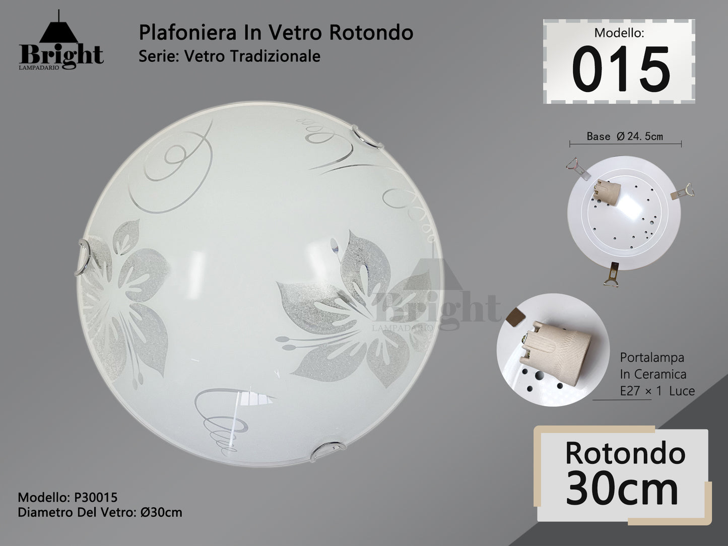 Runde Deckenlampe aus Glas mit einfacher moderner Lampenfassung von 30 cm