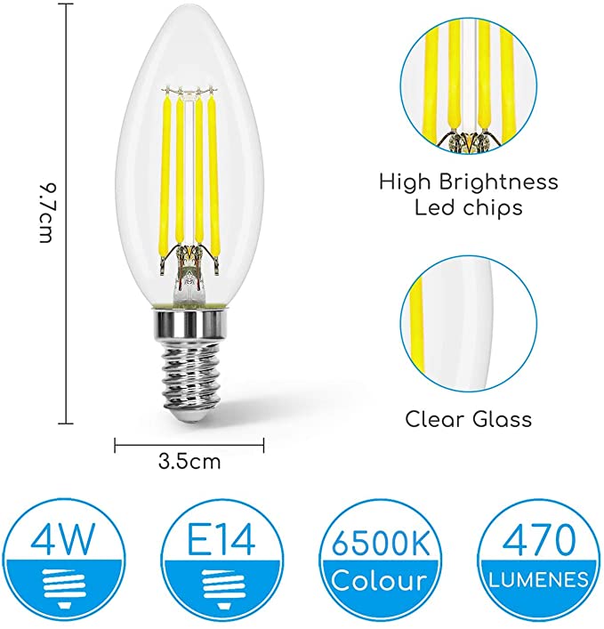 Lampadina LED E14 C35 4W (40W), 470 Lumen, Luce Fredda 6500K,Trasparente Lampadine LED