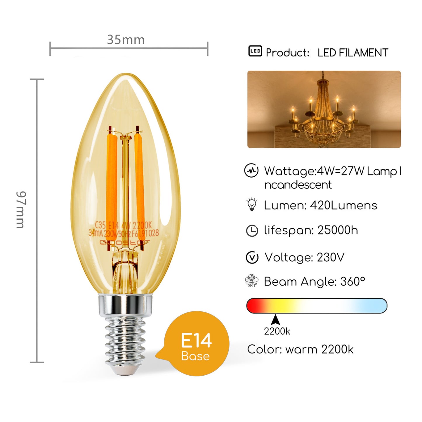Lampadina LED E14 C35 4W (40W), 470 Lumen, Luce Fredda 6500K,Trasparente Lampadine LED