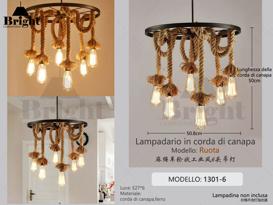 Lampadario Industriale Vintage a Sospensione "Ruota modello1301-6" con Anello in Corda di Canapa e Metallo Nero, 6 Luci E27 per Soggiorno/Cucina/Bar