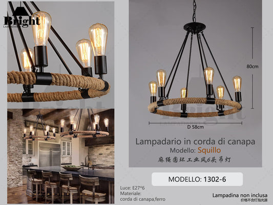 Lampadario Industriale Vintage a Sospensione "Squillo modello1302-6" con Anello in Corda di Canapa e Metallo Nero, 6 Luci E27 per Soggiorno/Cucina/Bar