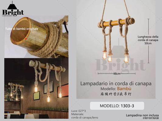 Lampadario a Sospensione Industriale Vintage con Tubo di Bamb¨´ Originale e Corda di Canapa,E27, 3luci 5luci 8luci Altezza Regolabile per Cucina/Soggiorno/Bar (Modello 1303)