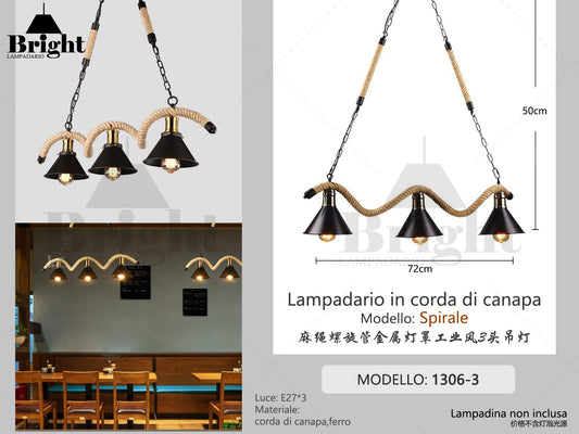 Lampadario Industriale Vintage a Sospensione "Spirale modello1306-3" con Base in Corda di Canapa e Metallo Nero, 3 Luci E27 per Soggiorno/Cucina/Bar