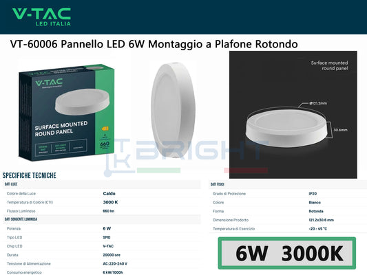 V-TAC Mini Pannello LED 6W Rotondo Montaggio a Plafone | 3 Temperature Colore