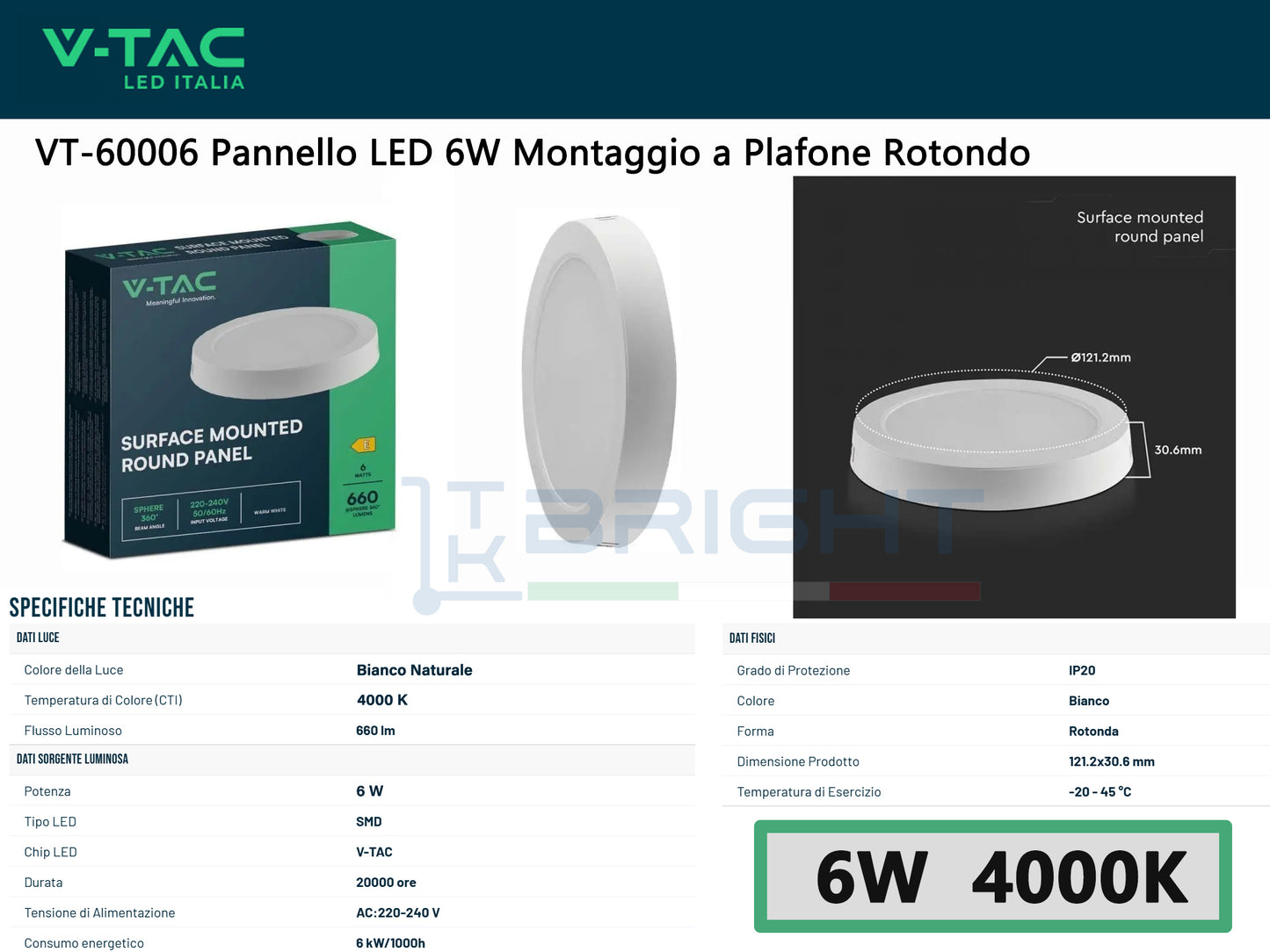 V-TAC Mini Pannello LED 6W Rotondo Montaggio a Plafone | 3 Temperature Colore