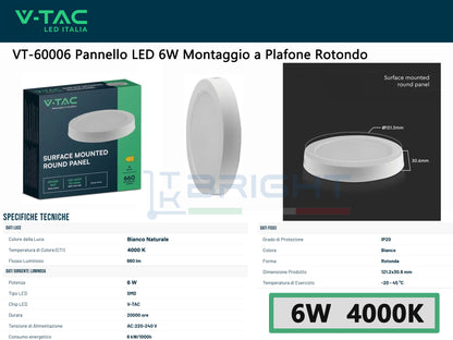 V-TAC Mini Pannello LED 6W Rotondo Montaggio a Plafone | 3 Temperature Colore