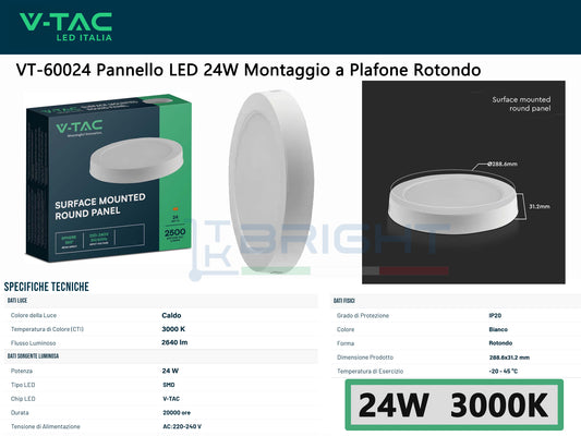 V-TAC Pannello LED 24W Rotondo Montaggio a Plafone