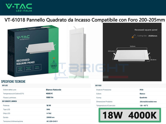 V-TAC Pannello LED 18W 100LM/W Quadrato da Incasso Compatibile con Foro 200-205mm