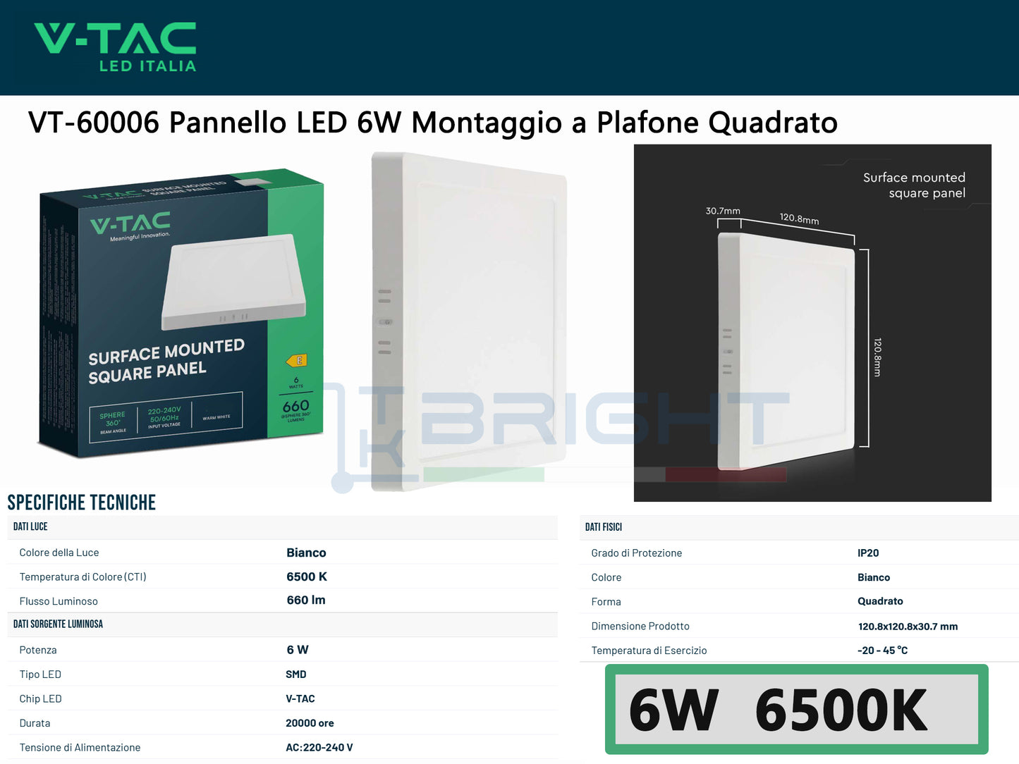 V-TAC Mini Pannello LED 6W Quadrato Montaggio a Plafone | 3 Temperature Colore