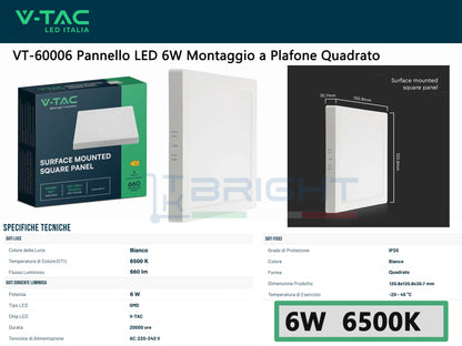 V-TAC Mini Pannello LED 6W Quadrato Montaggio a Plafone | 3 Temperature Colore