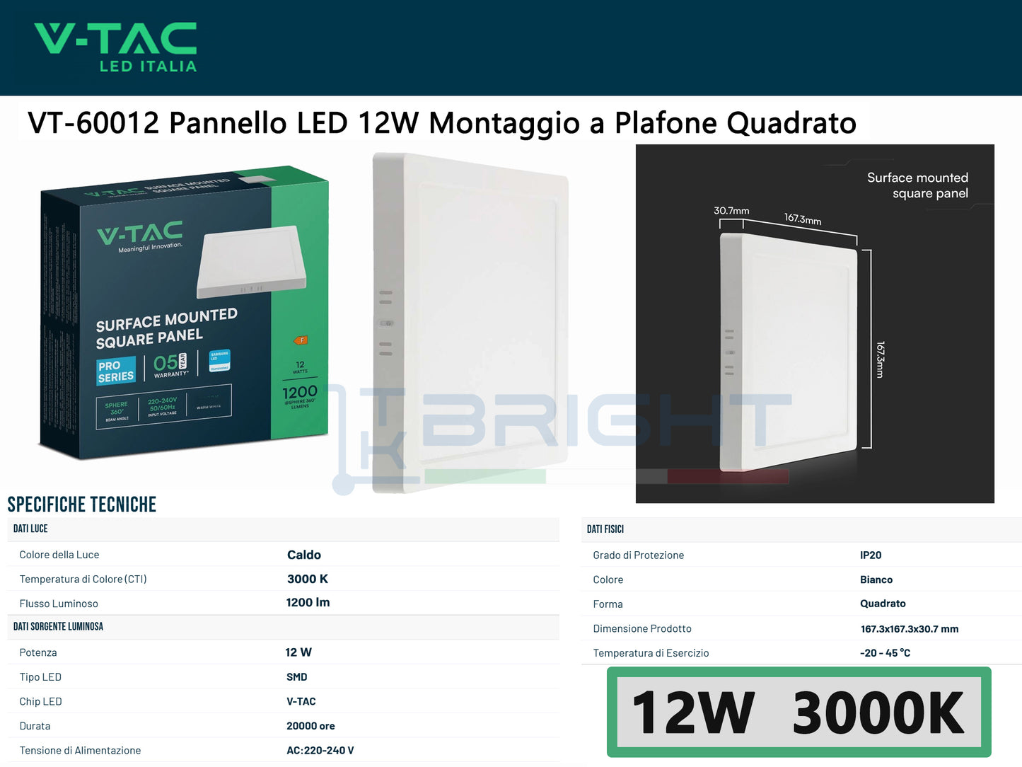 V-TAC Pannello LED 12W Quadrato Montaggio a Plafone