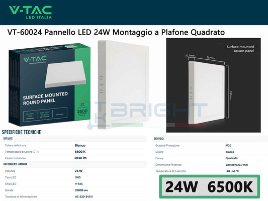 V-TAC Pannello LED 24W Quadrato Montaggio a Plafone