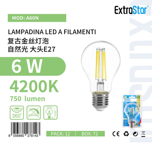 LAMPADINA LED E27 6W A60 EDISON