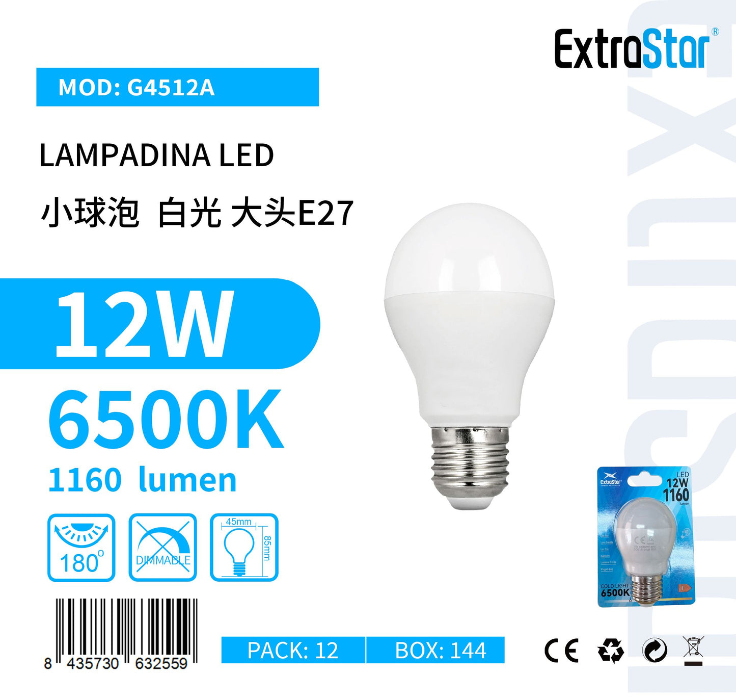 LAMPADINA LED E27 12W G45