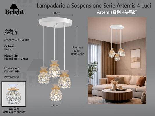 Lampadario a Sospensione Serie Artemis - Design Moderno con perline in vetro Ottagonali, Attacco G9