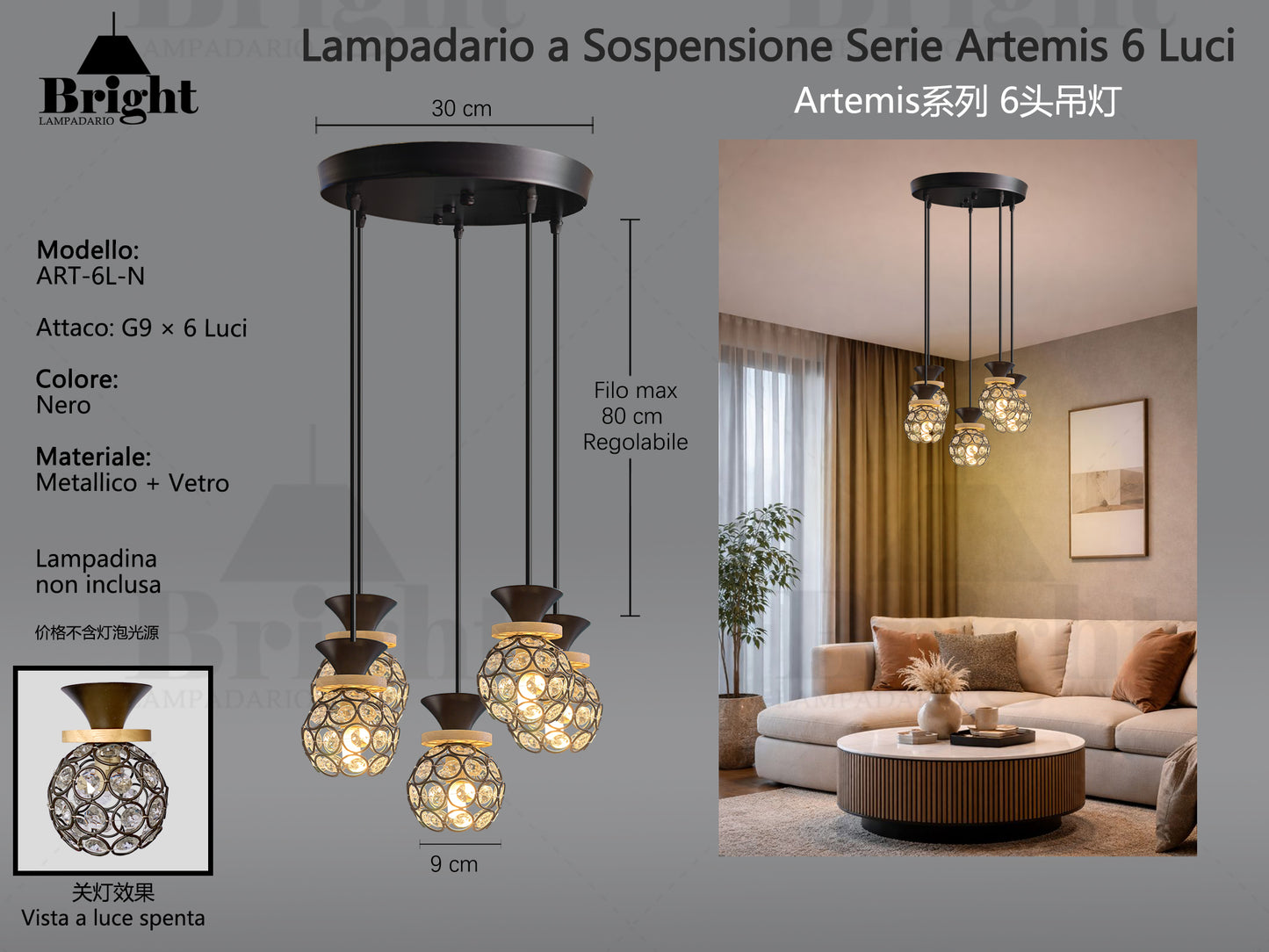 Lampadario a Sospensione Serie Artemis - Design Moderno con perline in vetro Ottagonali, Attacco G9