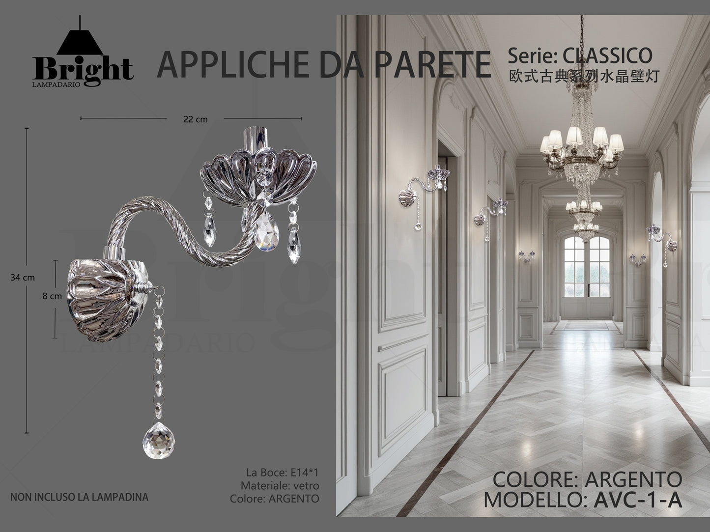 Applique da Parete in Vetro Classico 1 Luce E14 - Stile Barocco Elegante