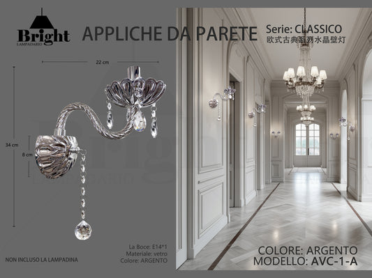 Applique da Parete in Vetro Classico 1 Luce E14 - Stile Barocco Elegante