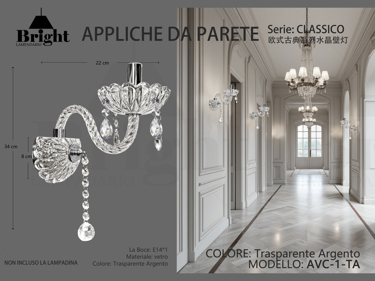 Applique da Parete in Vetro Classico 1 Luce E14 - Stile Barocco Elegante