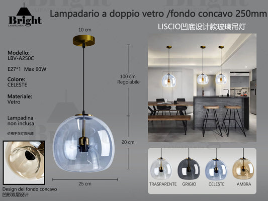 Lampada a Sospensione Moderna in Vetro Celeste con Fondo Concavo 25cm E27