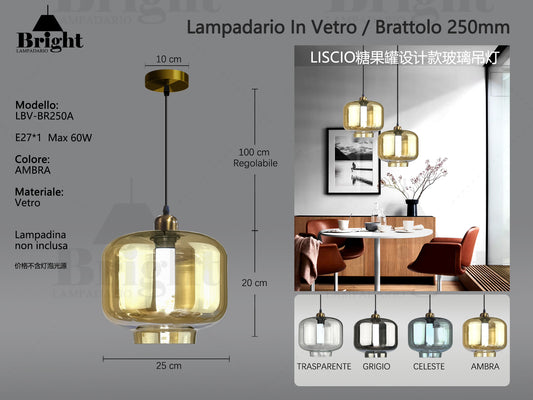 Lampadario Moderno a Sospensione "Brattolo 250mm" in Vetro Trasparente Liscio, E27