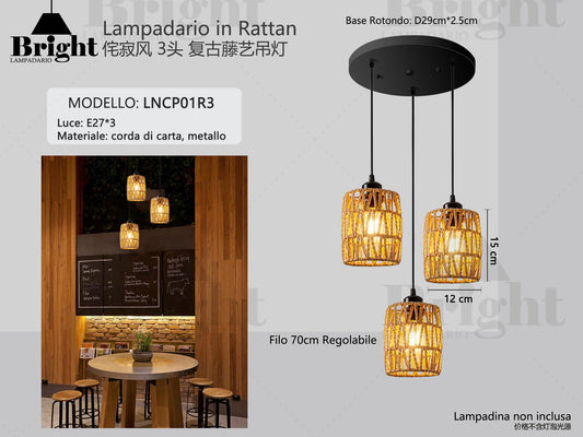 Lampadario a Sospensione in Corda di paglia 1Luce/3Luci E27 LNCP01, Paralume Intrecciato Fatto a Mano, Altezza Regolabile per Cucina/Soggiorno/Bar