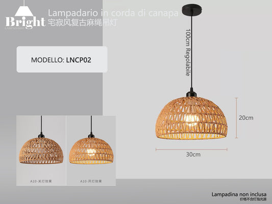 Lampadario a Sospensione in Corda di paglia 1LUCE E27 LNCP02, Paralume Intrecciato Fatto a Mano, Altezza Regolabile per Cucina/Soggiorno