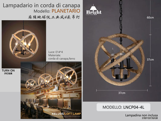 Lampadario a Sospensione in Corda di Canapa 4Luci E14 LNCP04-4L per Cucina/Soggiorno
