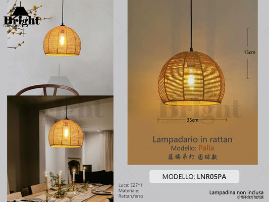 Lampadario a Sospensione in Corda di paglia PALLA 1LUCE E27 LNR05PA, Paralume Intrecciato Fatto a Mano, Altezza Regolabile per Cucina/Soggiorno