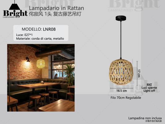 Lampadario a Sospensione in Corda di paglia 1luce/3luci/lumetto E27 LNR08, Paralume Intrecciato Fatto a Mano, Altezza Regolabile per Cucina/Soggiorno