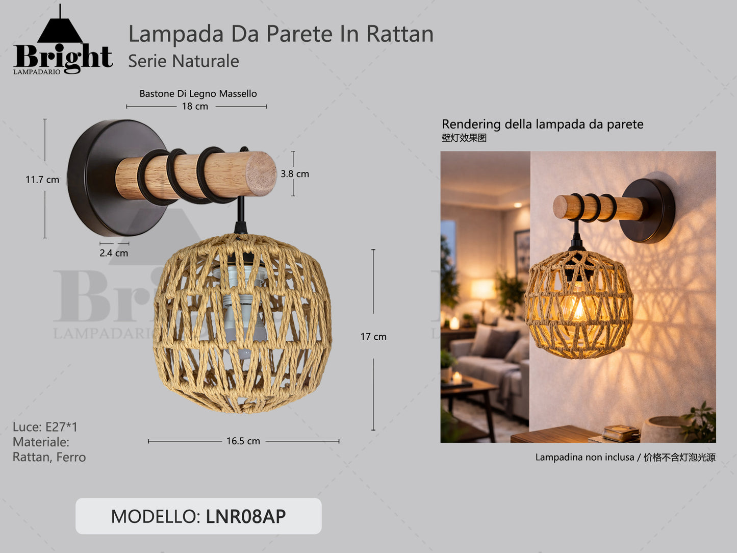 Applique da Parete in Legno Massello con Cupola in Rattan E27 - Stile Nordico