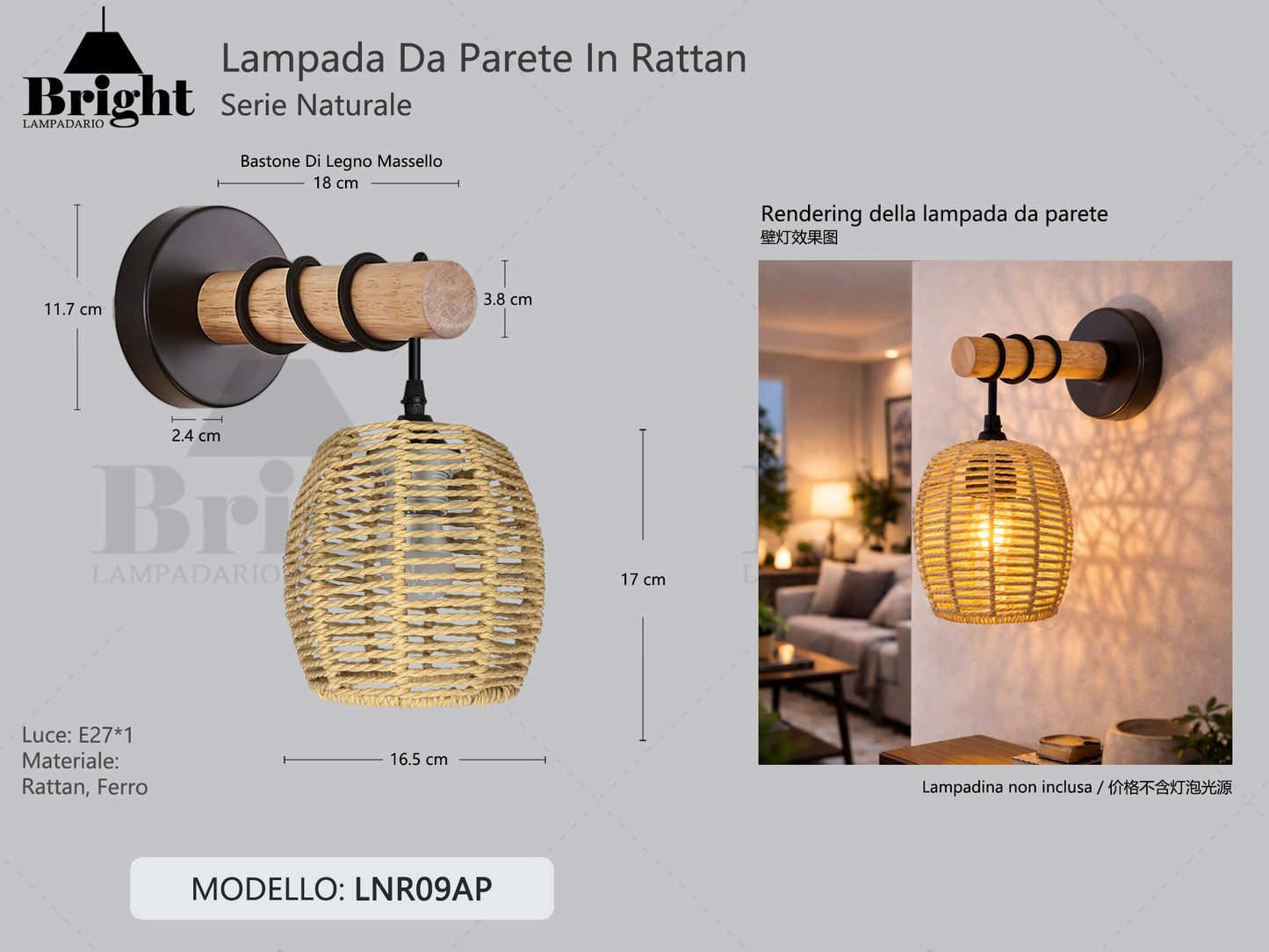 Applique da Parete in Legno Massello con Cupola in Rattan E27 - Stile Nordico