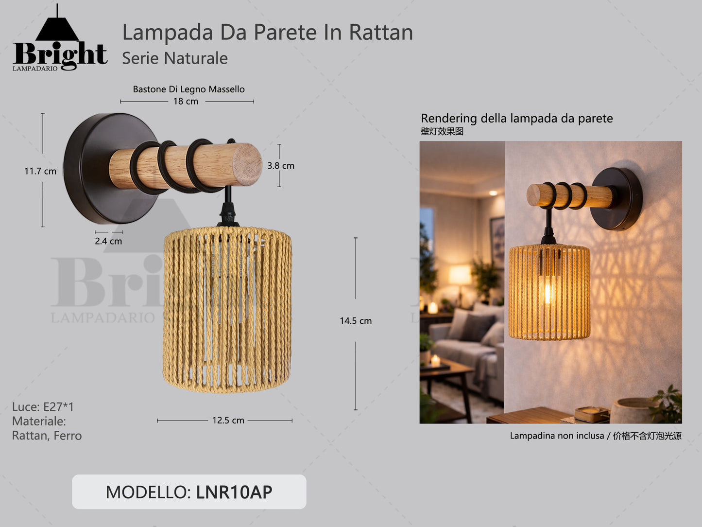 Applique da Parete in Legno Massello con Cupola in Rattan E27 - Stile Nordico