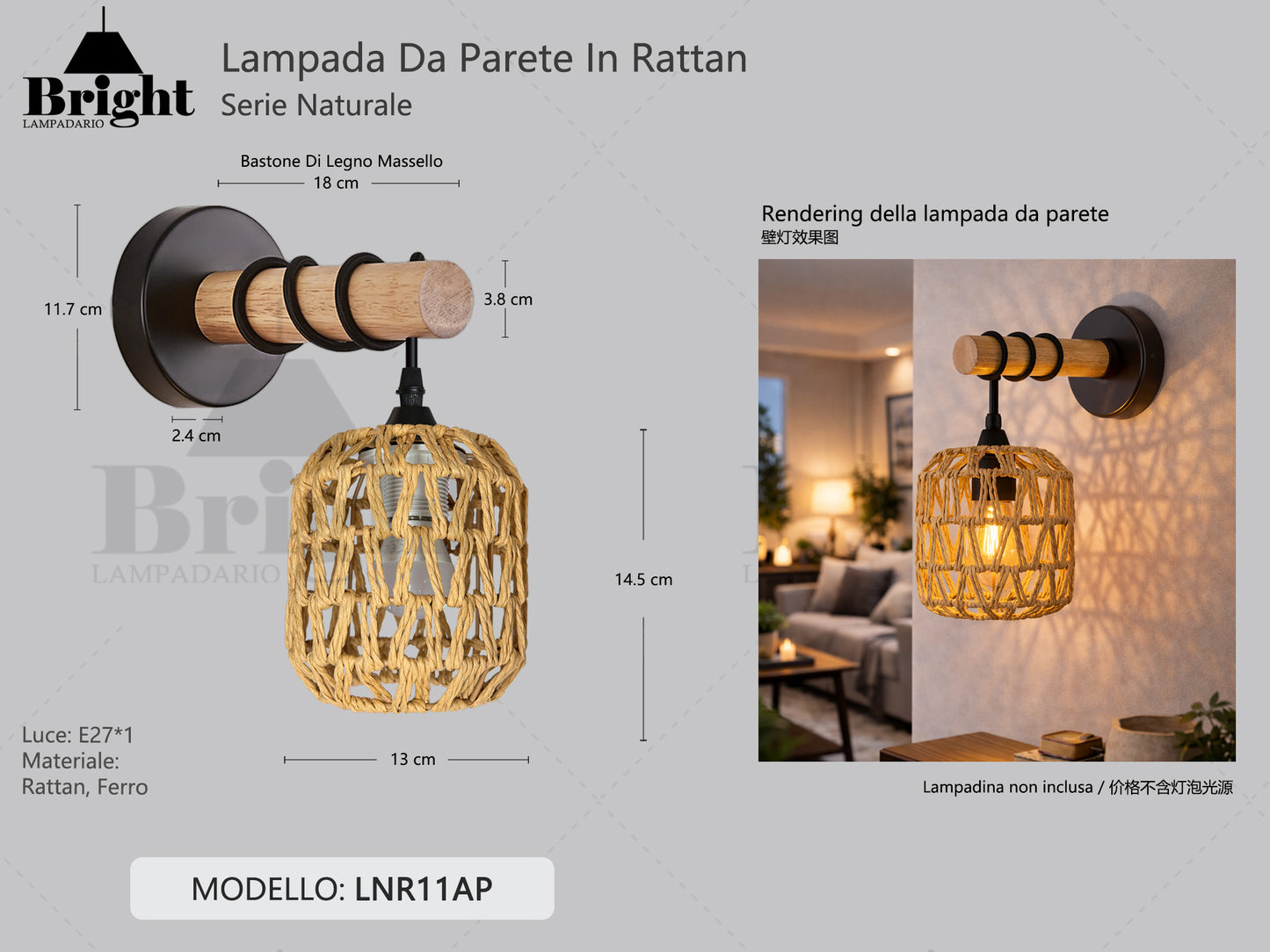 Applique da Parete in Legno Massello con Cupola in Rattan E27 - Stile Nordico