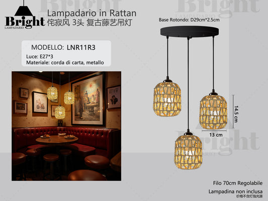 Lampadario a Sospensione in Corda di paglia 1luce/3luci E27 LNR11, Paralume Intrecciato Fatto a Mano, Altezza Regolabile per Cucina/Soggiorno