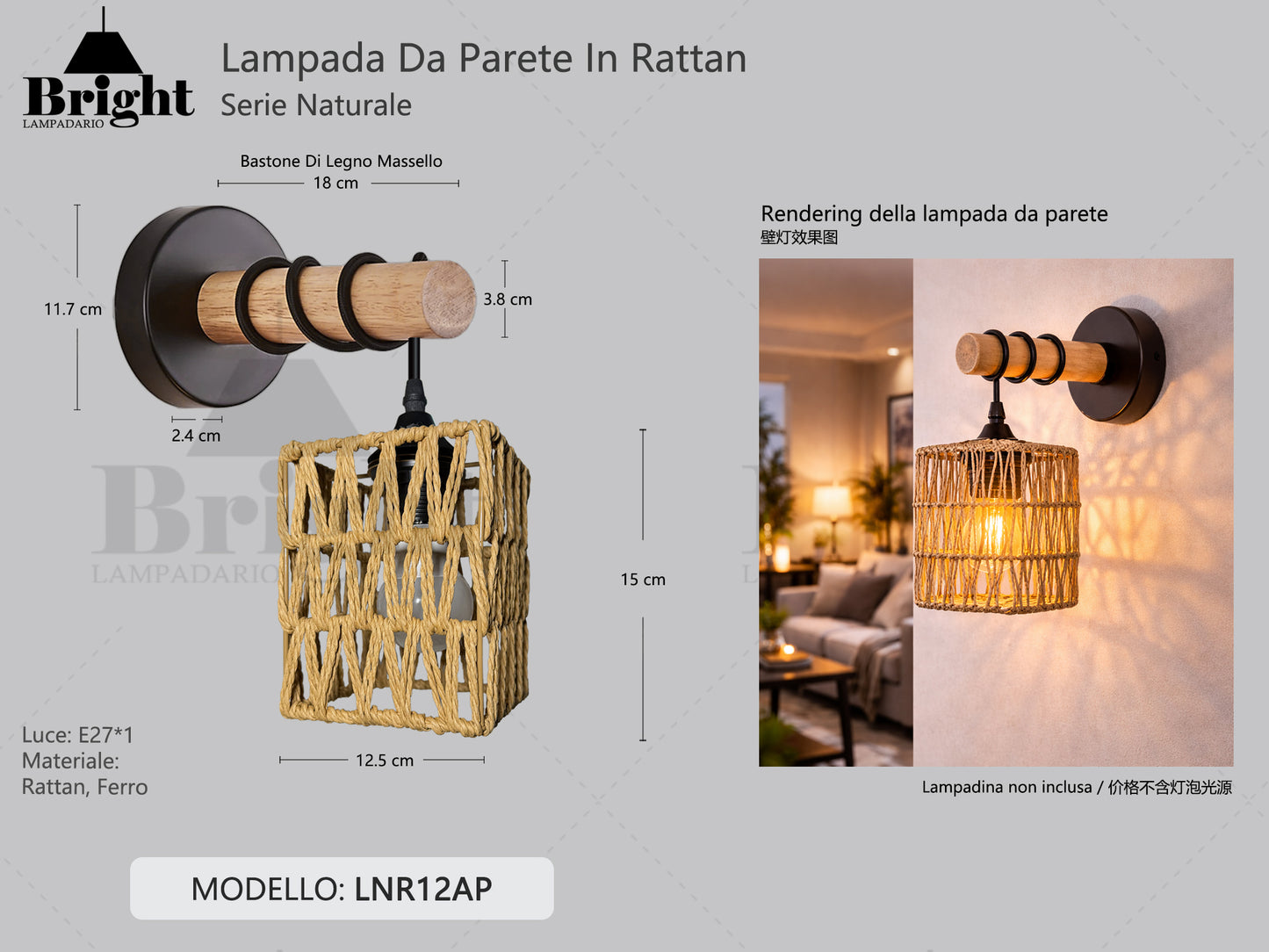 Applique da Parete in Legno Massello con Cupola in Rattan E27 - Stile Nordico