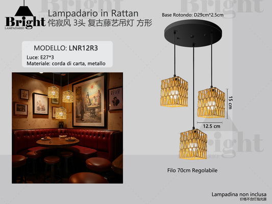 Lampadario a Sospensione in Corda di paglia 1luce/3luci E27 LNR12, Paralume Intrecciato Fatto a Mano, Altezza Regolabile per Cucina/Soggiorno