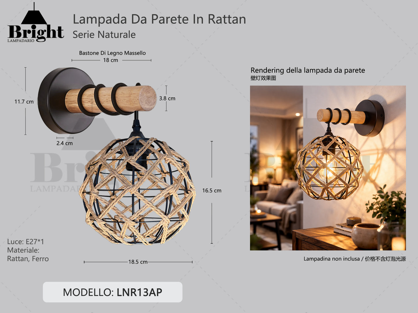 Applique da Parete in Legno Massello con Cupola in Rattan E27 - Stile Nordico