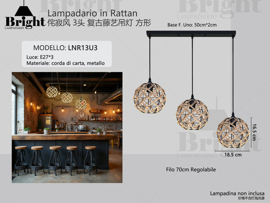 Lampadario a Sospensione in Corda di paglia 1luce/3luci E27 LNR13, Paralume Intrecciato Fatto a Mano, Altezza Regolabile per Cucina/Soggiorno