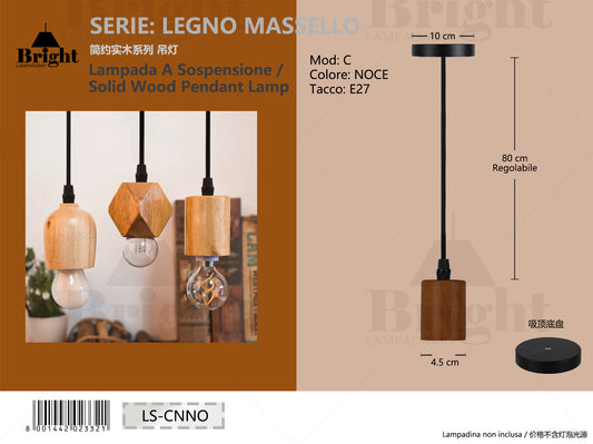 Lampada a Sospensione/Pendente in Legno Massello Naturale, Attacco E27, Stile Minimalista Moderno, Serie Coordinata "LEGNO MASSELLO"