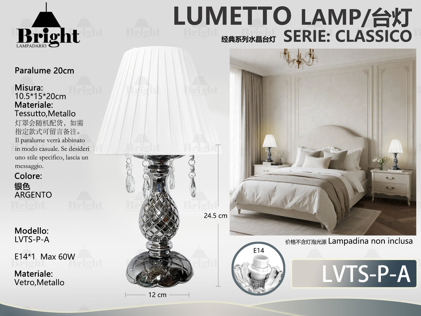 Lampada da Tavolo in Vetro Grigio E14 - Serie Classico Elegante Barocco