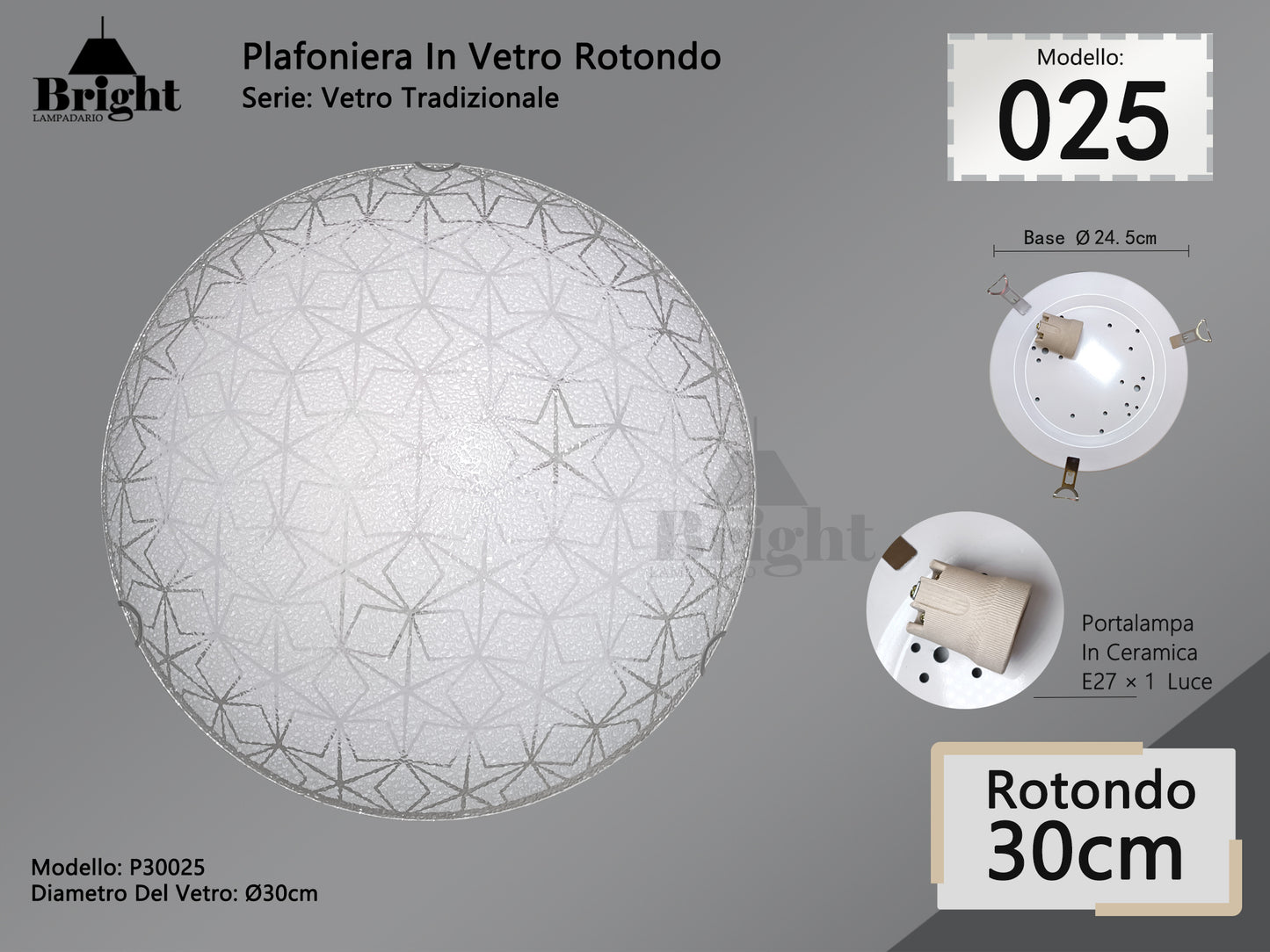 Plafoniera Rotonda in Vetro Tradizionale E27 Ø30cm - Stile Classico