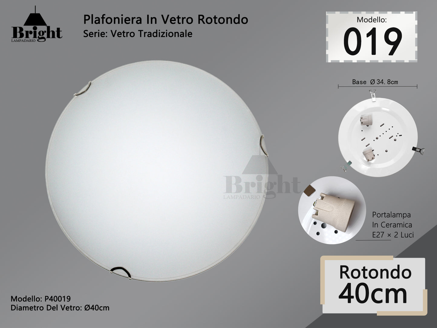 Runde Deckenlampe aus Glas mit einfacher moderner Lampenfassung von 30 cm