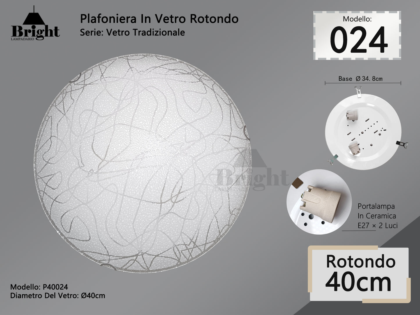 Runde Deckenlampe aus Glas mit einfacher moderner Lampenfassung von 30 cm