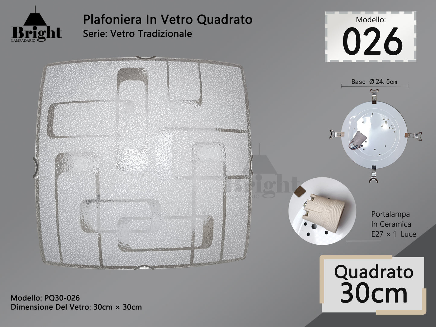 Runde Deckenlampe aus Glas mit einfacher moderner Lampenfassung von 30 cm