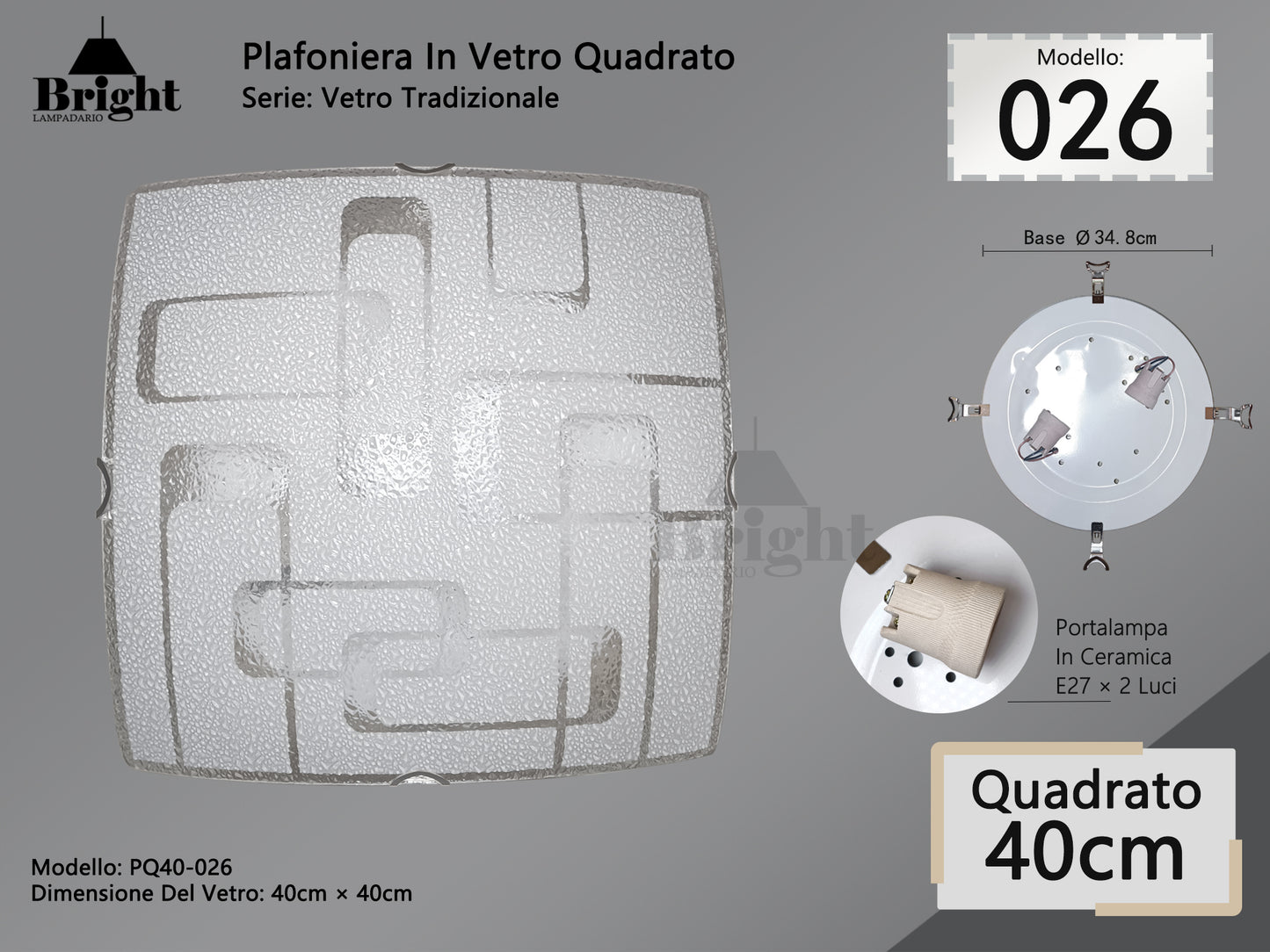 Plafoniera Quadrato in Vetro Tradizionale E27 40*40cm - Stile Classico Tradizionale